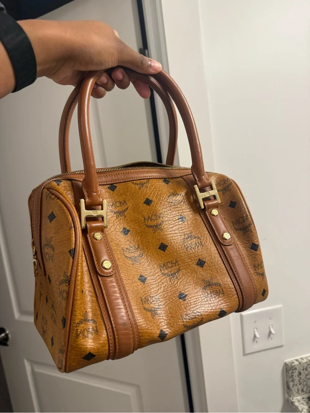 MCM Cognac Top-Handle Boston Satchel